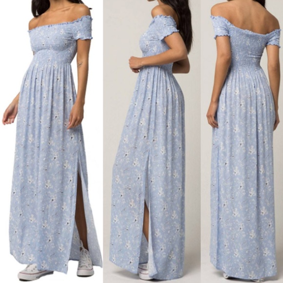 Light Blue Floral Smocked Off Shoulder Maxi Dress - Picture 7 of 8